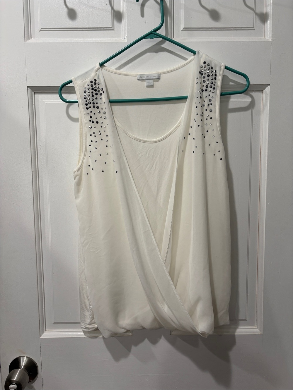 Embroidered Ivory Sleeveless Wrap-Front Top